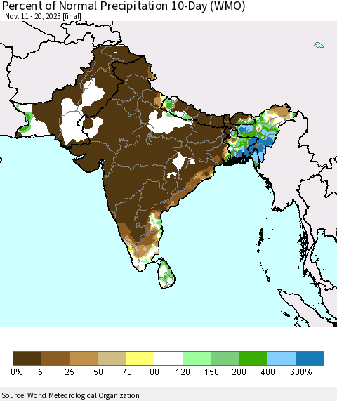 Southern Asia Percent of Normal Precipitation 10-Day (WMO) Thematic Map For 11/11/2023 - 11/20/2023