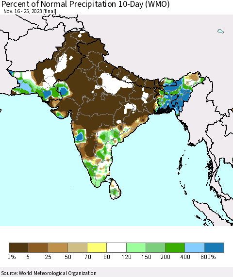 Southern Asia Percent of Normal Precipitation 10-Day (WMO) Thematic Map For 11/16/2023 - 11/25/2023