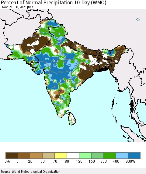 Southern Asia Percent of Normal Precipitation 10-Day (WMO) Thematic Map For 11/21/2023 - 11/30/2023