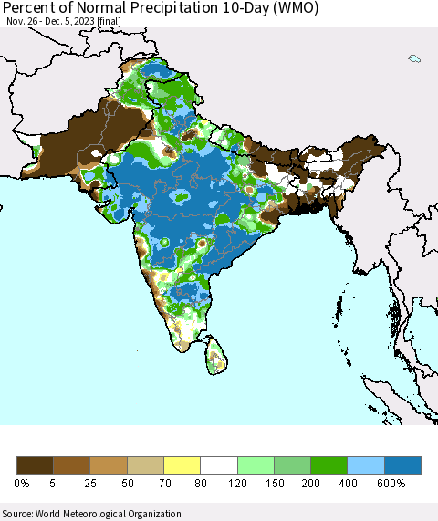 Southern Asia Percent of Normal Precipitation 10-Day (WMO) Thematic Map For 11/26/2023 - 12/5/2023
