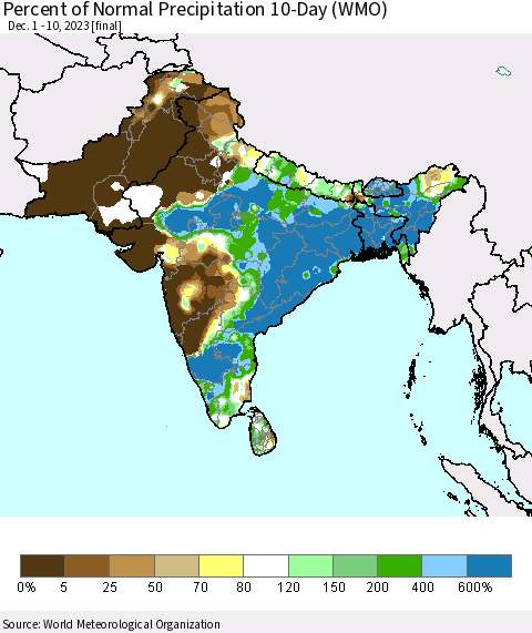 Southern Asia Percent of Normal Precipitation 10-Day (WMO) Thematic Map For 12/1/2023 - 12/10/2023