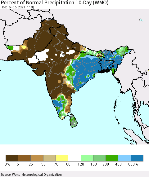 Southern Asia Percent of Normal Precipitation 10-Day (WMO) Thematic Map For 12/6/2023 - 12/15/2023