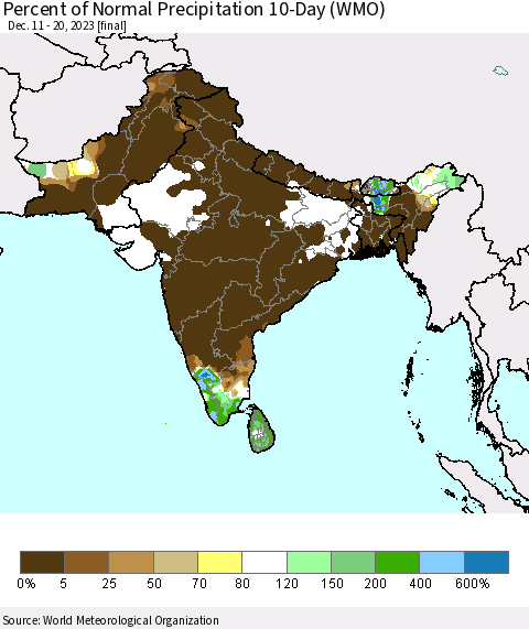 Southern Asia Percent of Normal Precipitation 10-Day (WMO) Thematic Map For 12/11/2023 - 12/20/2023