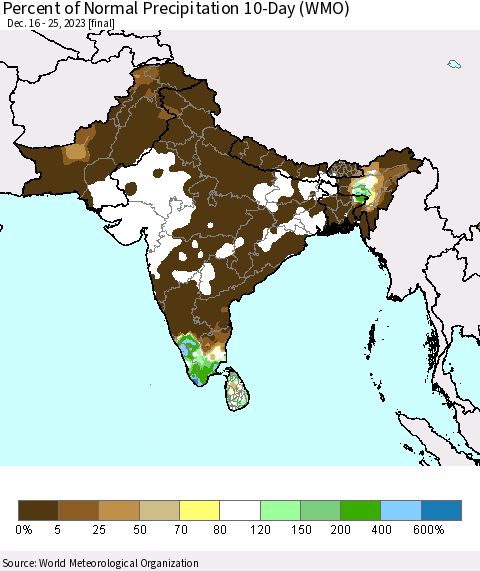 Southern Asia Percent of Normal Precipitation 10-Day (WMO) Thematic Map For 12/16/2023 - 12/25/2023