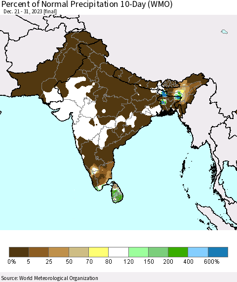 Southern Asia Percent of Normal Precipitation 10-Day (WMO) Thematic Map For 12/21/2023 - 12/31/2023