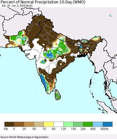Southern Asia Percent of Normal Precipitation 10-Day (WMO) Thematic Map For 12/26/2023 - 1/5/2024