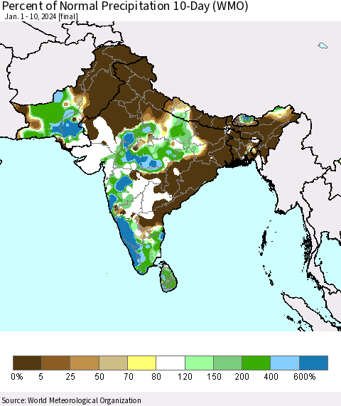 Southern Asia Percent of Normal Precipitation 10-Day (WMO) Thematic Map For 1/1/2024 - 1/10/2024