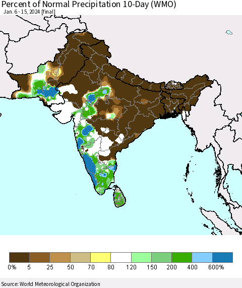 Southern Asia Percent of Normal Precipitation 10-Day (WMO) Thematic Map For 1/6/2024 - 1/15/2024