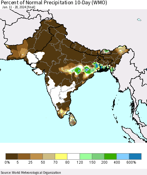 Southern Asia Percent of Normal Precipitation 10-Day (WMO) Thematic Map For 1/11/2024 - 1/20/2024