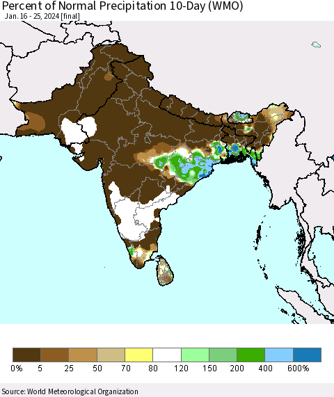 Southern Asia Percent of Normal Precipitation 10-Day (WMO) Thematic Map For 1/16/2024 - 1/25/2024