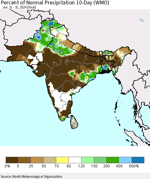 Southern Asia Percent of Normal Precipitation 10-Day (WMO) Thematic Map For 1/21/2024 - 1/31/2024