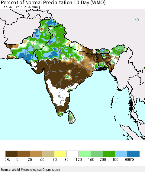 Southern Asia Percent of Normal Precipitation 10-Day (WMO) Thematic Map For 1/26/2024 - 2/5/2024