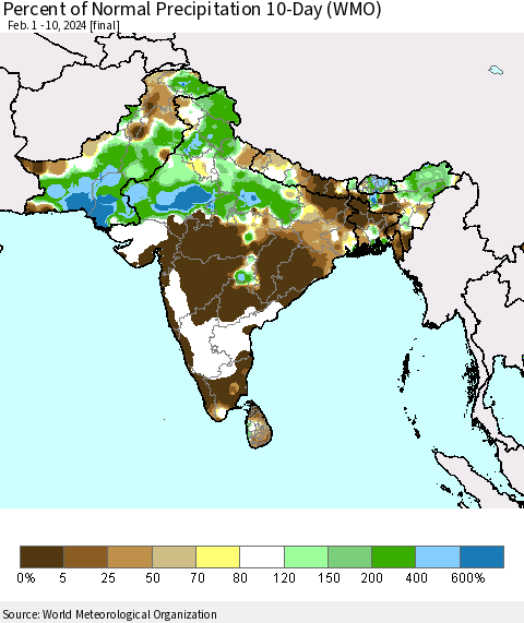 Southern Asia Percent of Normal Precipitation 10-Day (WMO) Thematic Map For 2/1/2024 - 2/10/2024