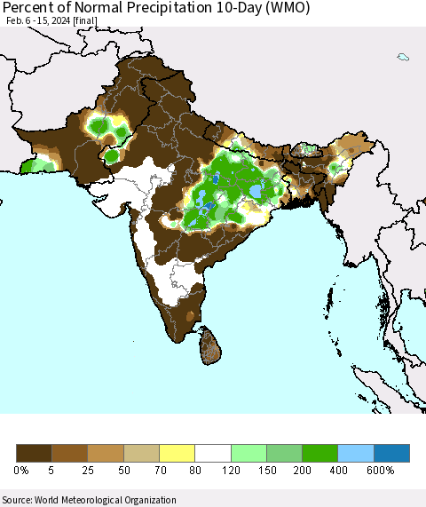 Southern Asia Percent of Normal Precipitation 10-Day (WMO) Thematic Map For 2/6/2024 - 2/15/2024