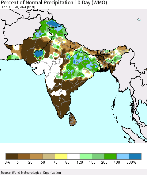 Southern Asia Percent of Normal Precipitation 10-Day (WMO) Thematic Map For 2/11/2024 - 2/20/2024