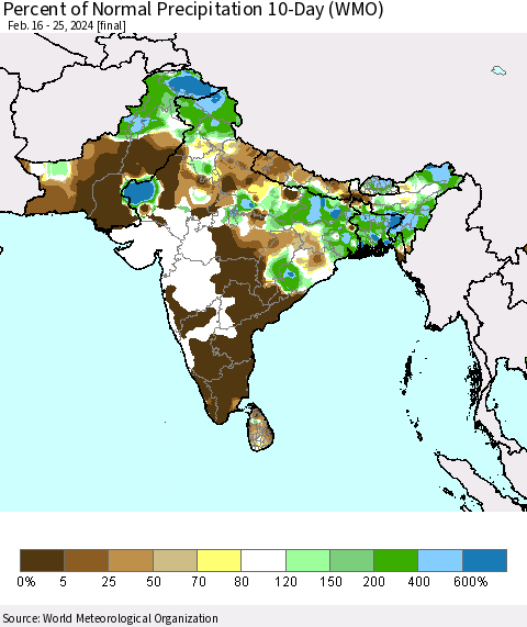 Southern Asia Percent of Normal Precipitation 10-Day (WMO) Thematic Map For 2/16/2024 - 2/25/2024