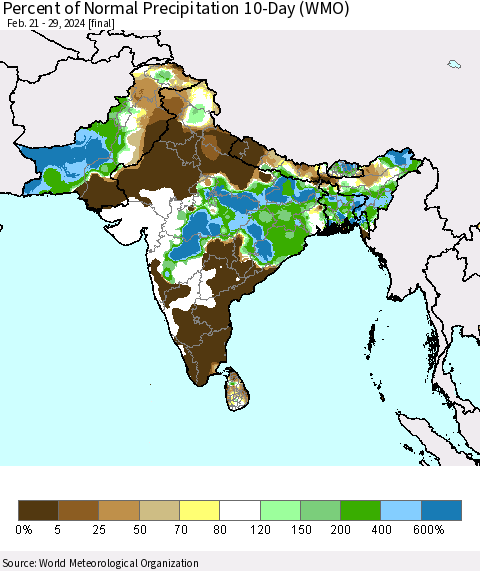 Southern Asia Percent of Normal Precipitation 10-Day (WMO) Thematic Map For 2/21/2024 - 2/29/2024