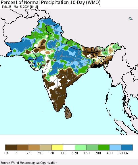 Southern Asia Percent of Normal Precipitation 10-Day (WMO) Thematic Map For 2/26/2024 - 3/5/2024