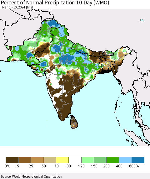 Southern Asia Percent of Normal Precipitation 10-Day (WMO) Thematic Map For 3/1/2024 - 3/10/2024