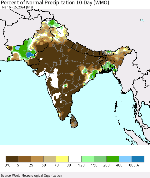 Southern Asia Percent of Normal Precipitation 10-Day (WMO) Thematic Map For 3/6/2024 - 3/15/2024