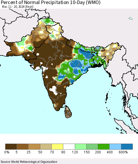 Southern Asia Percent of Normal Precipitation 10-Day (WMO) Thematic Map For 3/11/2024 - 3/20/2024