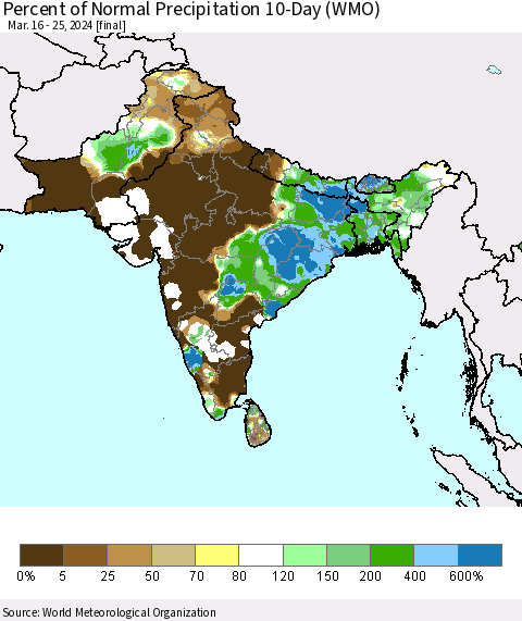 Southern Asia Percent of Normal Precipitation 10-Day (WMO) Thematic Map For 3/16/2024 - 3/25/2024