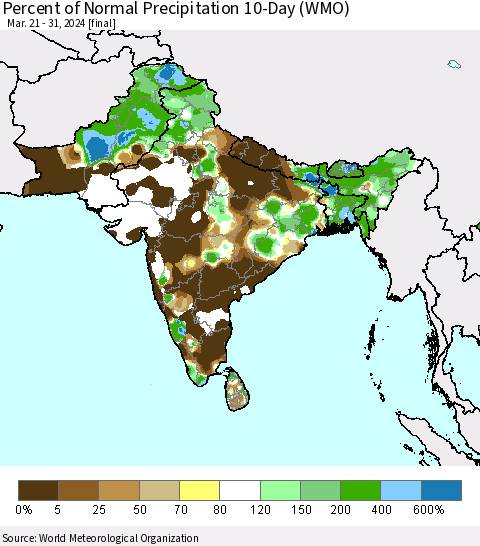 Southern Asia Percent of Normal Precipitation 10-Day (WMO) Thematic Map For 3/21/2024 - 3/31/2024
