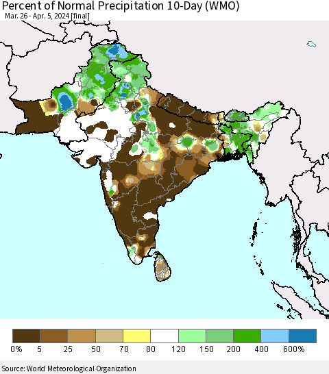 Southern Asia Percent of Normal Precipitation 10-Day (WMO) Thematic Map For 3/26/2024 - 4/5/2024