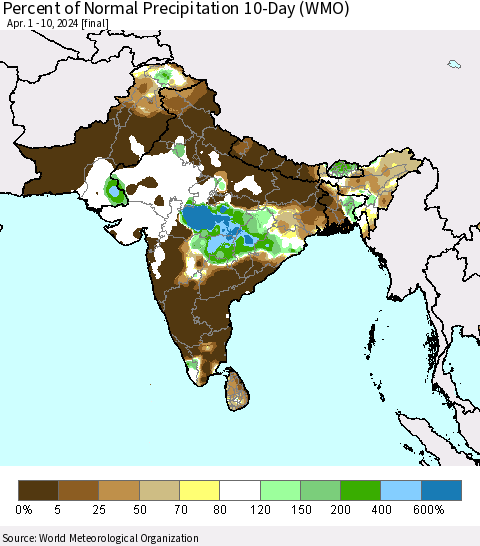 Southern Asia Percent of Normal Precipitation 10-Day (WMO) Thematic Map For 4/1/2024 - 4/10/2024