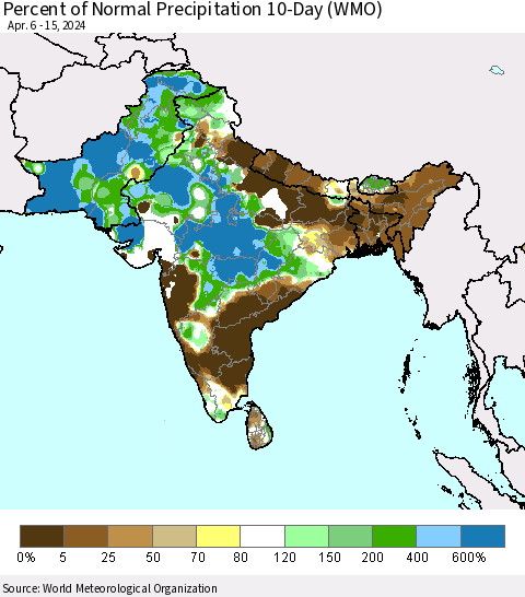 Southern Asia Percent of Normal Precipitation 10-Day (WMO) Thematic Map For 4/6/2024 - 4/15/2024