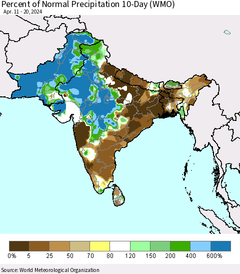 Southern Asia Percent of Normal Precipitation 10-Day (WMO) Thematic Map For 4/11/2024 - 4/20/2024