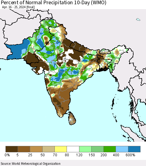 Southern Asia Percent of Normal Precipitation 10-Day (WMO) Thematic Map For 4/16/2024 - 4/25/2024