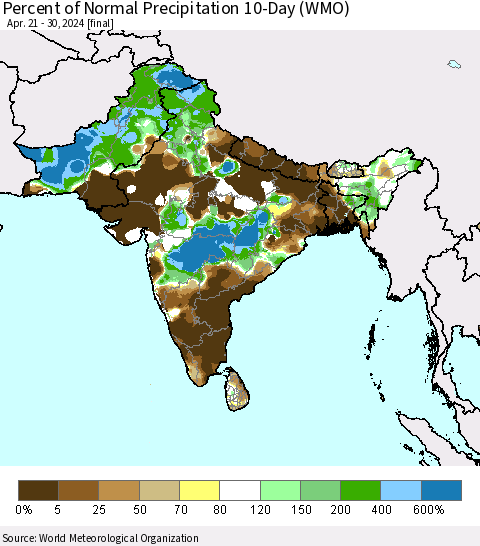 Southern Asia Percent of Normal Precipitation 10-Day (WMO) Thematic Map For 4/21/2024 - 4/30/2024