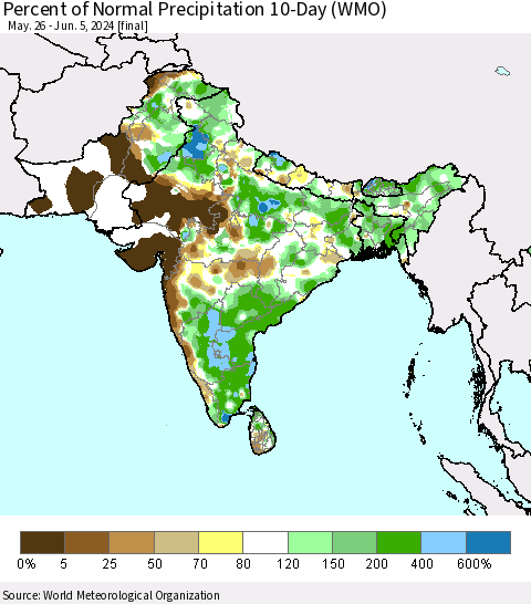 Southern Asia Percent of Normal Precipitation 10-Day (WMO) Thematic Map For 5/26/2024 - 6/5/2024