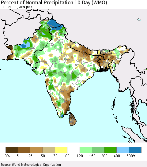 Southern Asia Percent of Normal Precipitation 10-Day (WMO) Thematic Map For 7/21/2024 - 7/31/2024