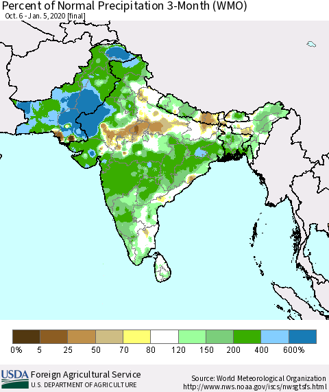 Southern Asia Percent of Normal Precipitation 3-Month (WMO) Thematic Map For 10/6/2019 - 1/5/2020