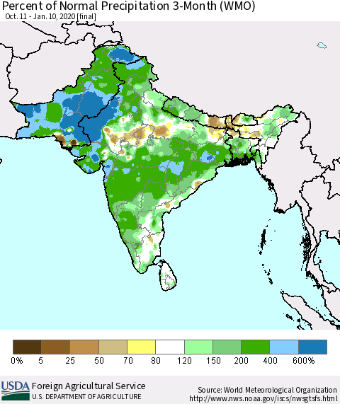 Southern Asia Percent of Normal Precipitation 3-Month (WMO) Thematic Map For 10/11/2019 - 1/10/2020