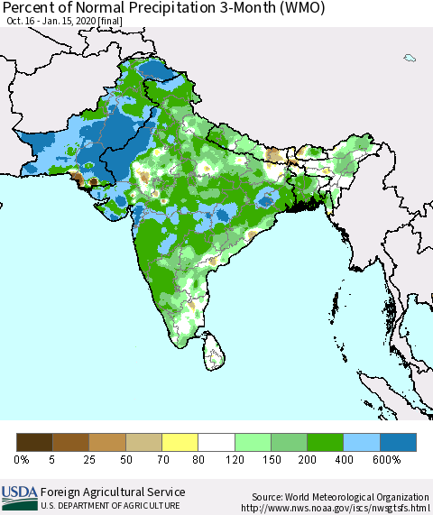 Southern Asia Percent of Normal Precipitation 3-Month (WMO) Thematic Map For 10/16/2019 - 1/15/2020
