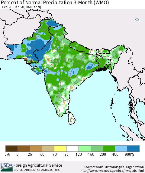 Southern Asia Percent of Normal Precipitation 3-Month (WMO) Thematic Map For 10/21/2019 - 1/20/2020