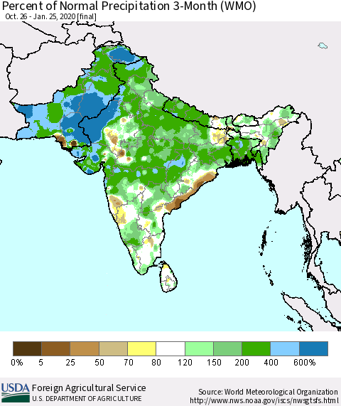 Southern Asia Percent of Normal Precipitation 3-Month (WMO) Thematic Map For 10/26/2019 - 1/25/2020