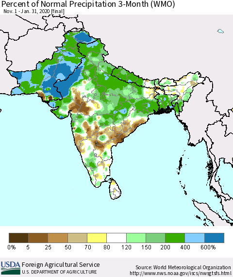 Southern Asia Percent of Normal Precipitation 3-Month (WMO) Thematic Map For 11/1/2019 - 1/31/2020
