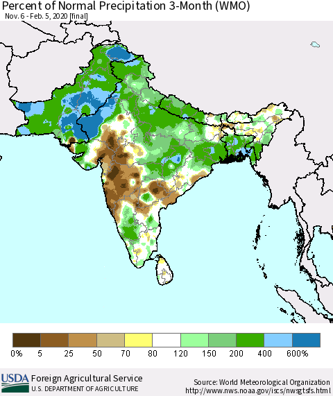 Southern Asia Percent of Normal Precipitation 3-Month (WMO) Thematic Map For 11/6/2019 - 2/5/2020