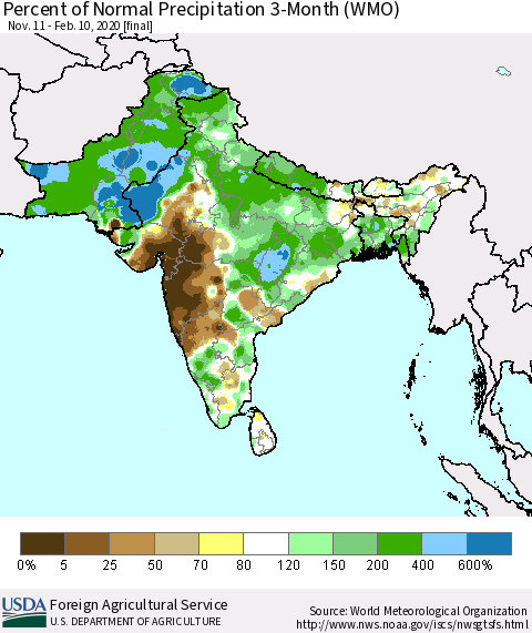 Southern Asia Percent of Normal Precipitation 3-Month (WMO) Thematic Map For 11/11/2019 - 2/10/2020