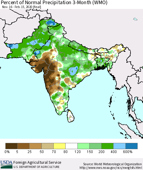 Southern Asia Percent of Normal Precipitation 3-Month (WMO) Thematic Map For 11/16/2019 - 2/15/2020