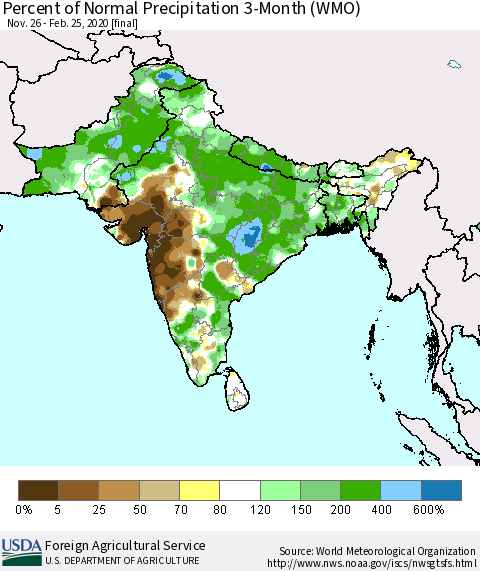Southern Asia Percent of Normal Precipitation 3-Month (WMO) Thematic Map For 11/26/2019 - 2/25/2020