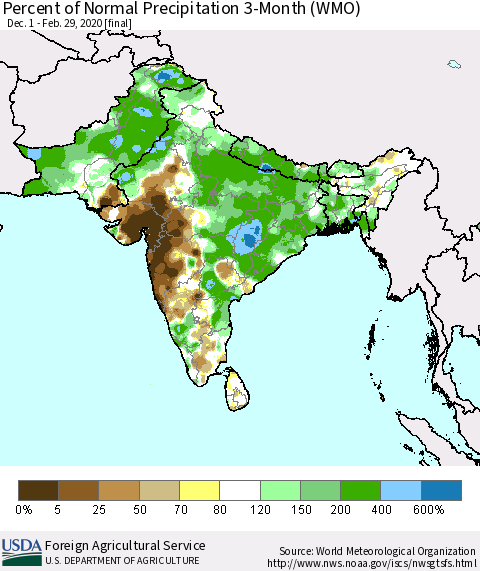 Southern Asia Percent of Normal Precipitation 3-Month (WMO) Thematic Map For 12/1/2019 - 2/29/2020