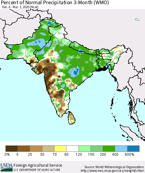 Southern Asia Percent of Normal Precipitation 3-Month (WMO) Thematic Map For 12/6/2019 - 3/5/2020