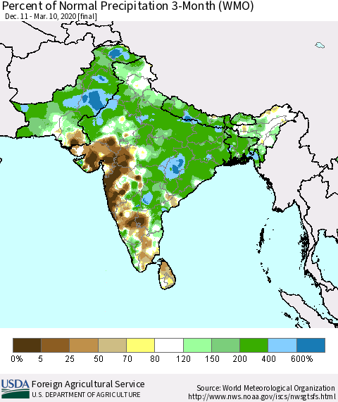 Southern Asia Percent of Normal Precipitation 3-Month (WMO) Thematic Map For 12/11/2019 - 3/10/2020