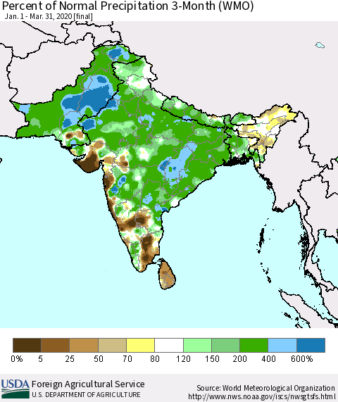 Southern Asia Percent of Normal Precipitation 3-Month (WMO) Thematic Map For 1/1/2020 - 3/31/2020