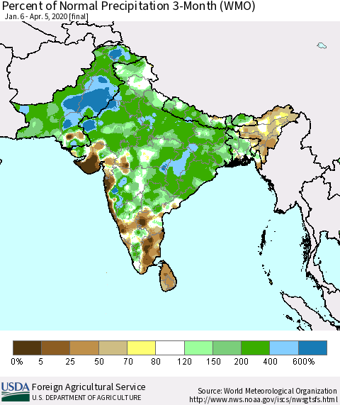 Southern Asia Percent of Normal Precipitation 3-Month (WMO) Thematic Map For 1/6/2020 - 4/5/2020
